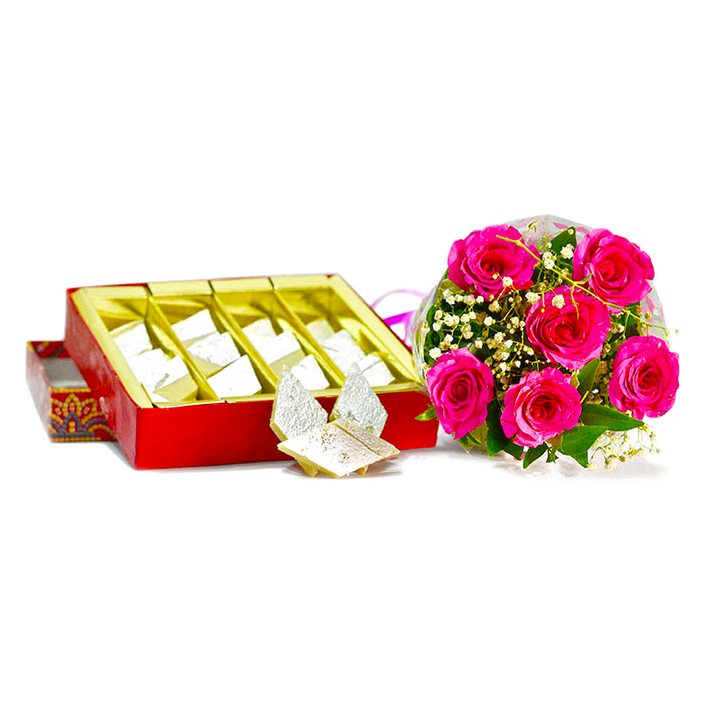 Six Pink Roses Bouquet with Box of Kaju Katli