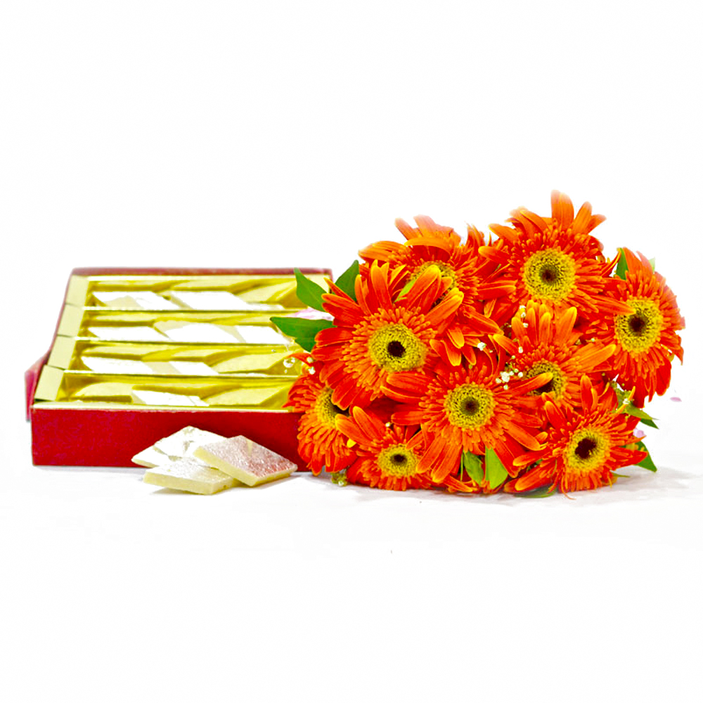 Bouquet of Ten Orange Gerberas with Kaju Katli Box