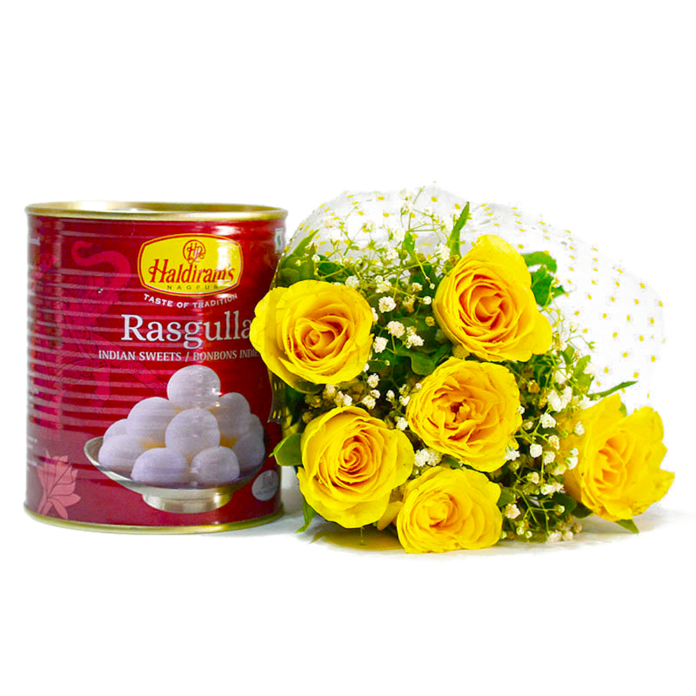 Bouquet of Six Yellow Roses with Mouthwatering Rasgullas