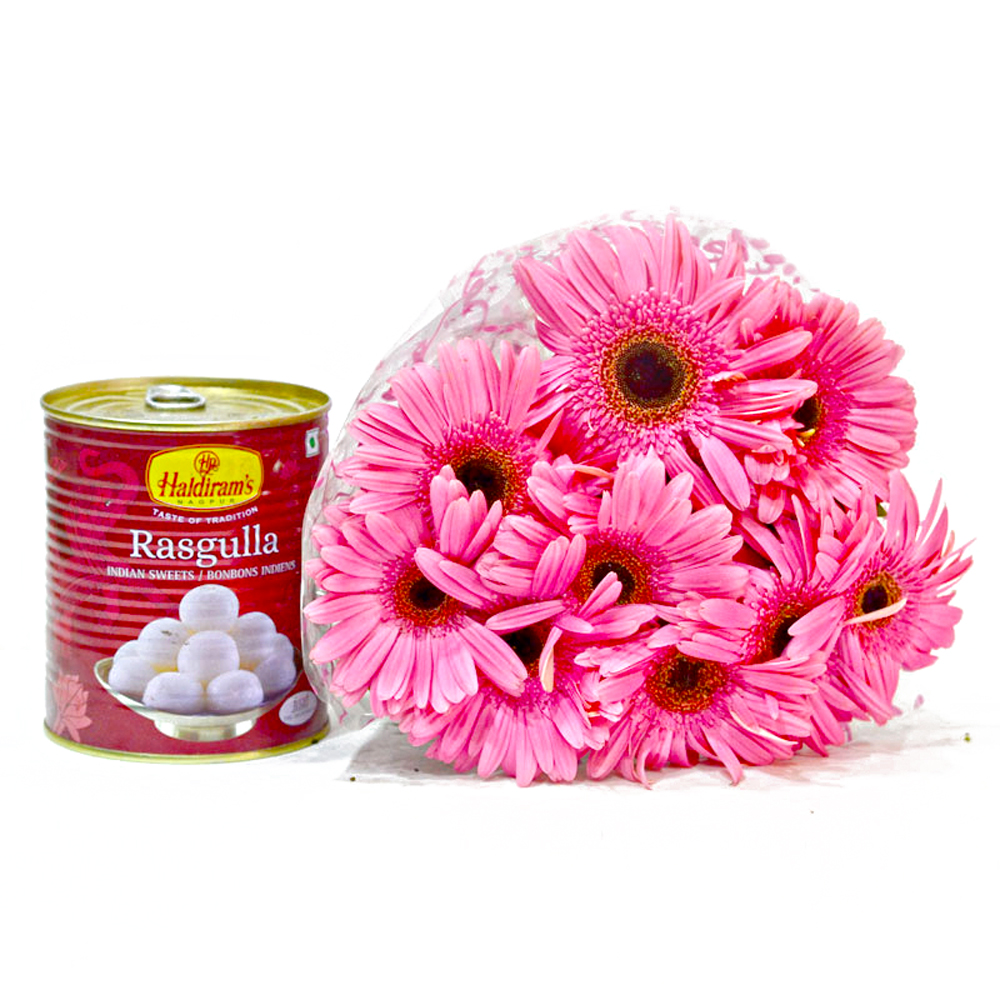 Bouquet of Ten Pink Gerberas with Tempting Rasgullas Sweet