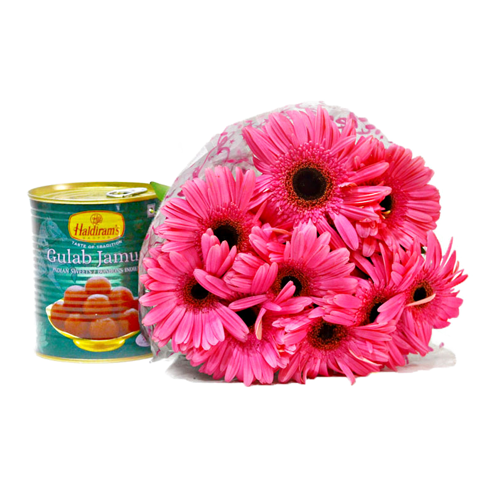 Bouquet of Ten Pink Gerberas with Gulab Jamuns