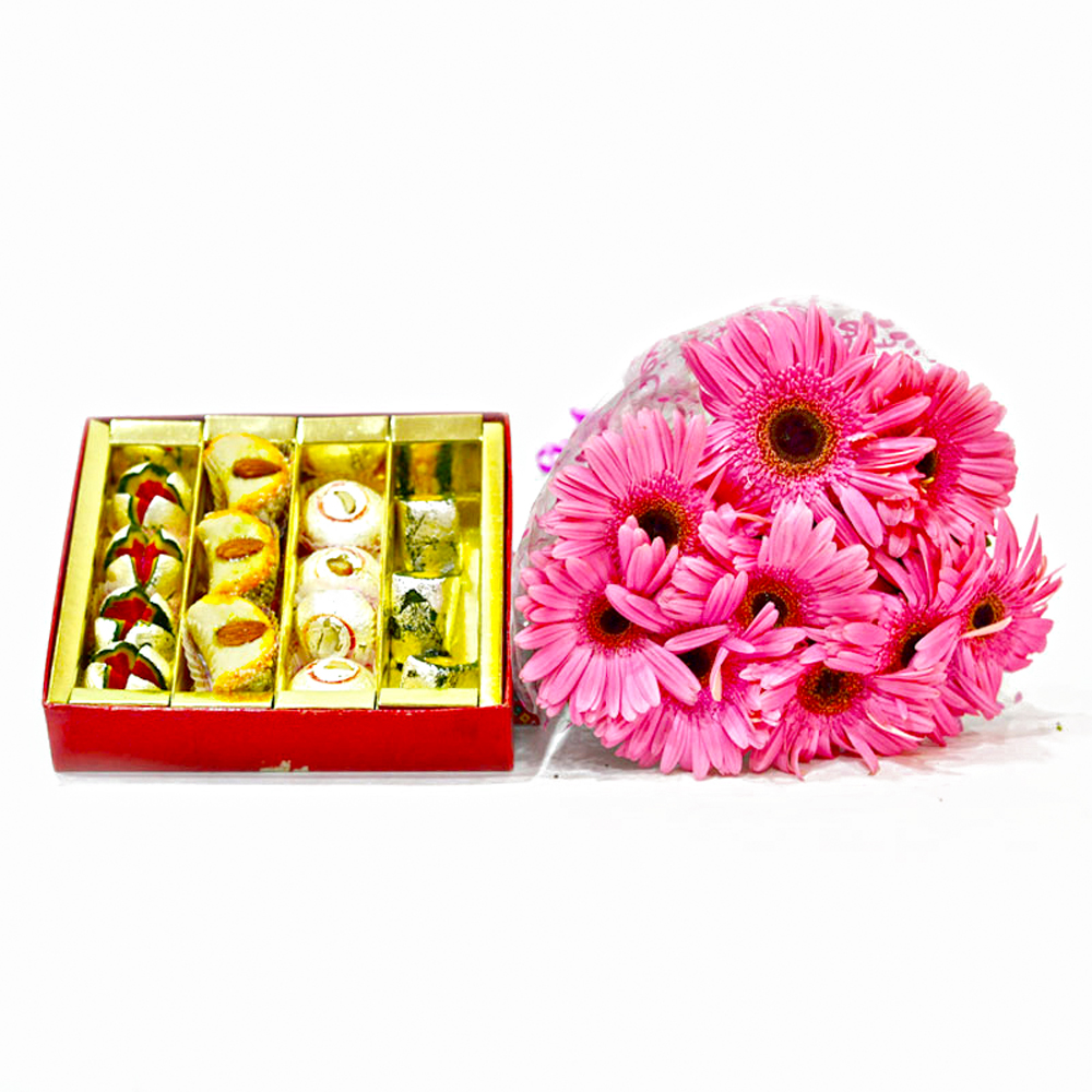 Ten Pink Gerberas Bouquet with Assorted Sweet Box
