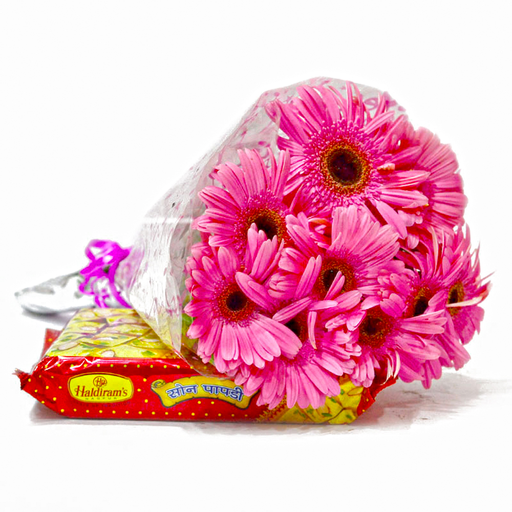 Bouquet of  Ten Pink Gerberas with 500 Gms Soan Papdi Sweet