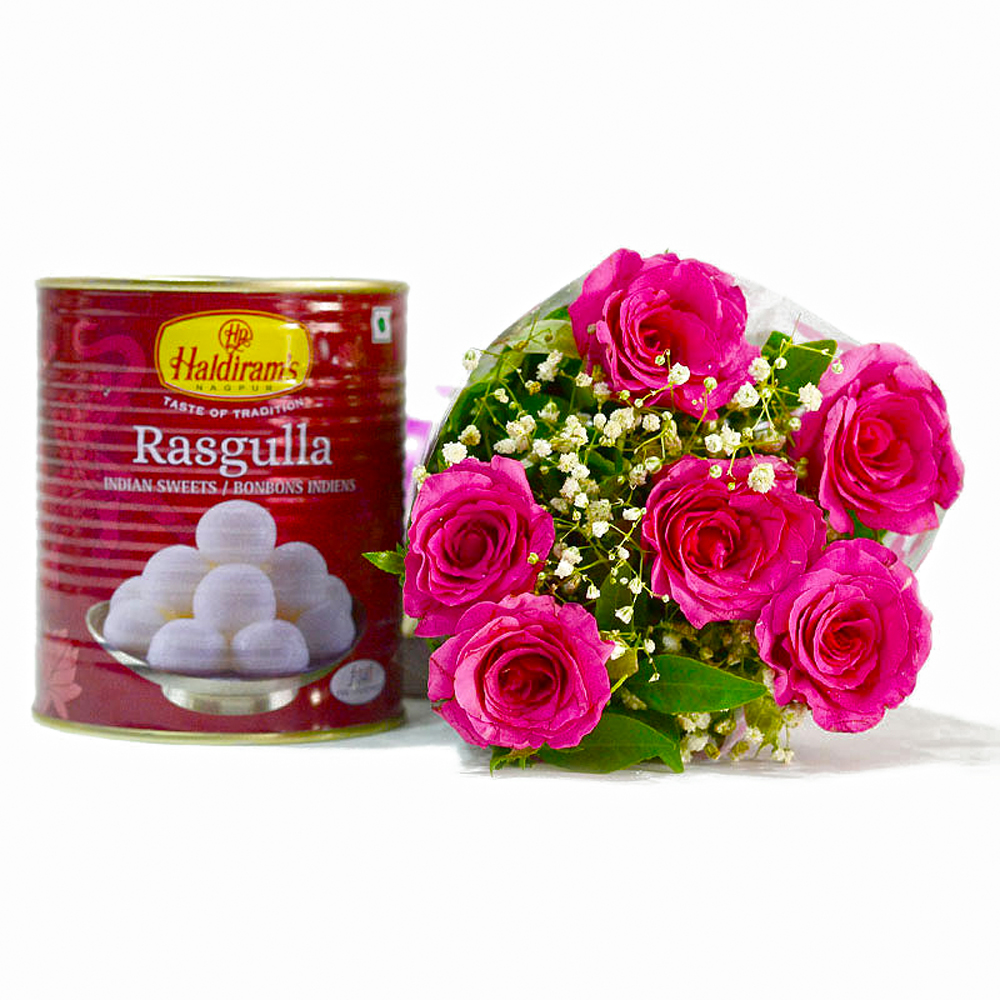 Bouquet of Six Pink Roses with Mouthwatering Rasgullas