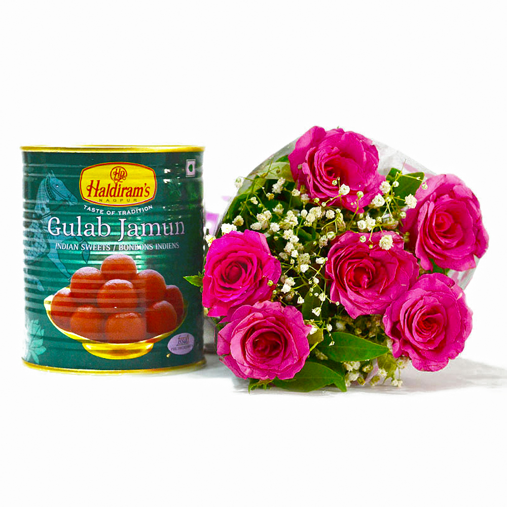 Six Pink Roses Bouquet with Tempting Gulab Jamuns