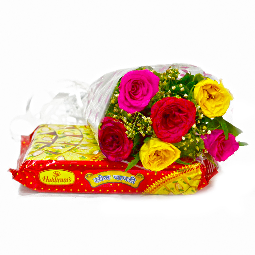 Bouquet of Six Colorful Roses with Soan Papdi