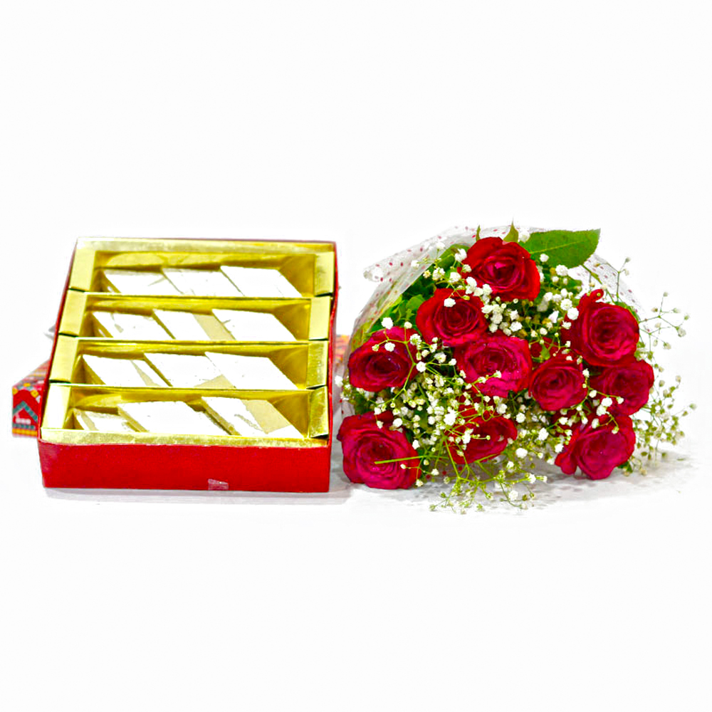 Bouquet of Ten Red Roses with Box of 500 Gms Kaju Barfi