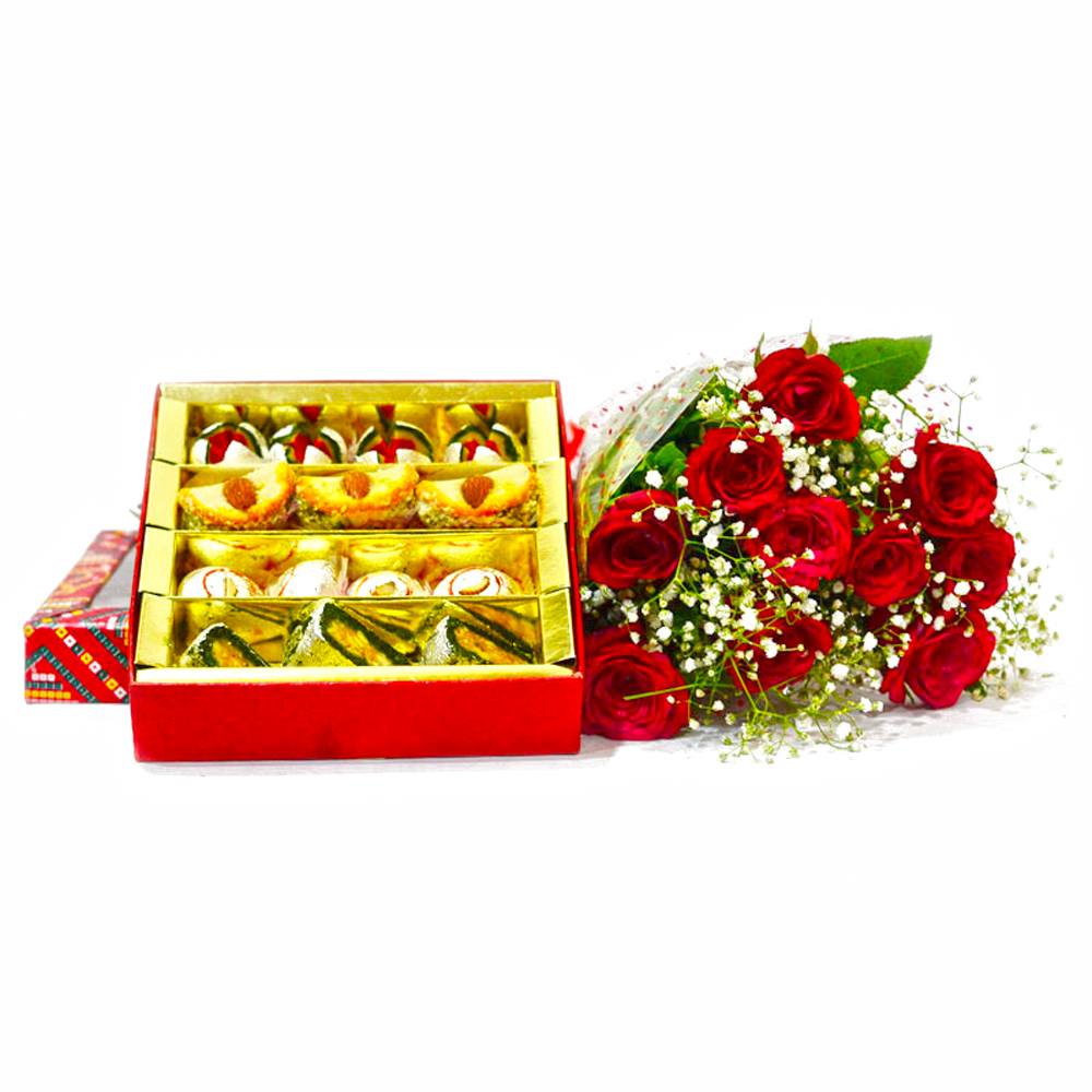 Ten Red Roses Bouquet with 500 Gms Assorted Sweet Box