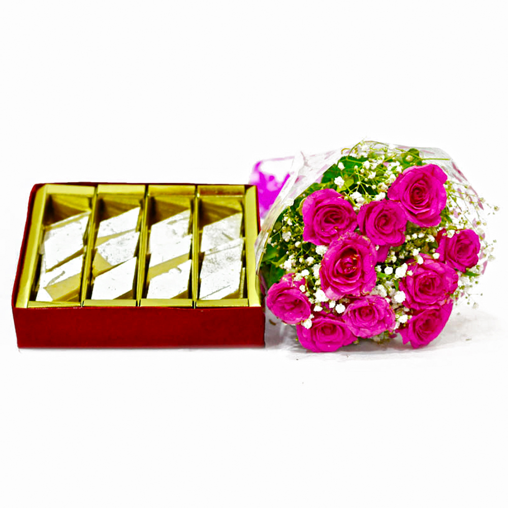 Ten Pink Roses Bouquet with Kaju Barfi