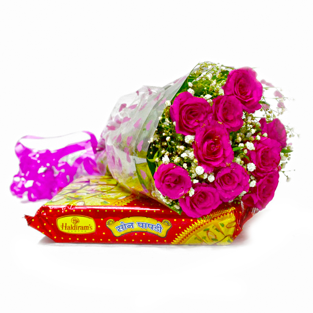 Bouquet of Ten Pink Roses with Soan Papdi Sweets