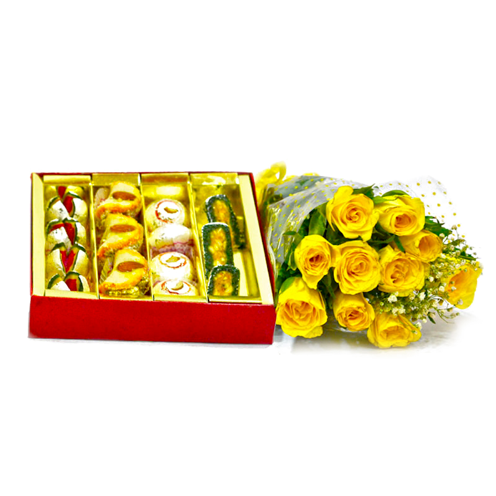 Ten Yellow Roses Bouquet with 1 Kg Assorted Kaju Sweet Box