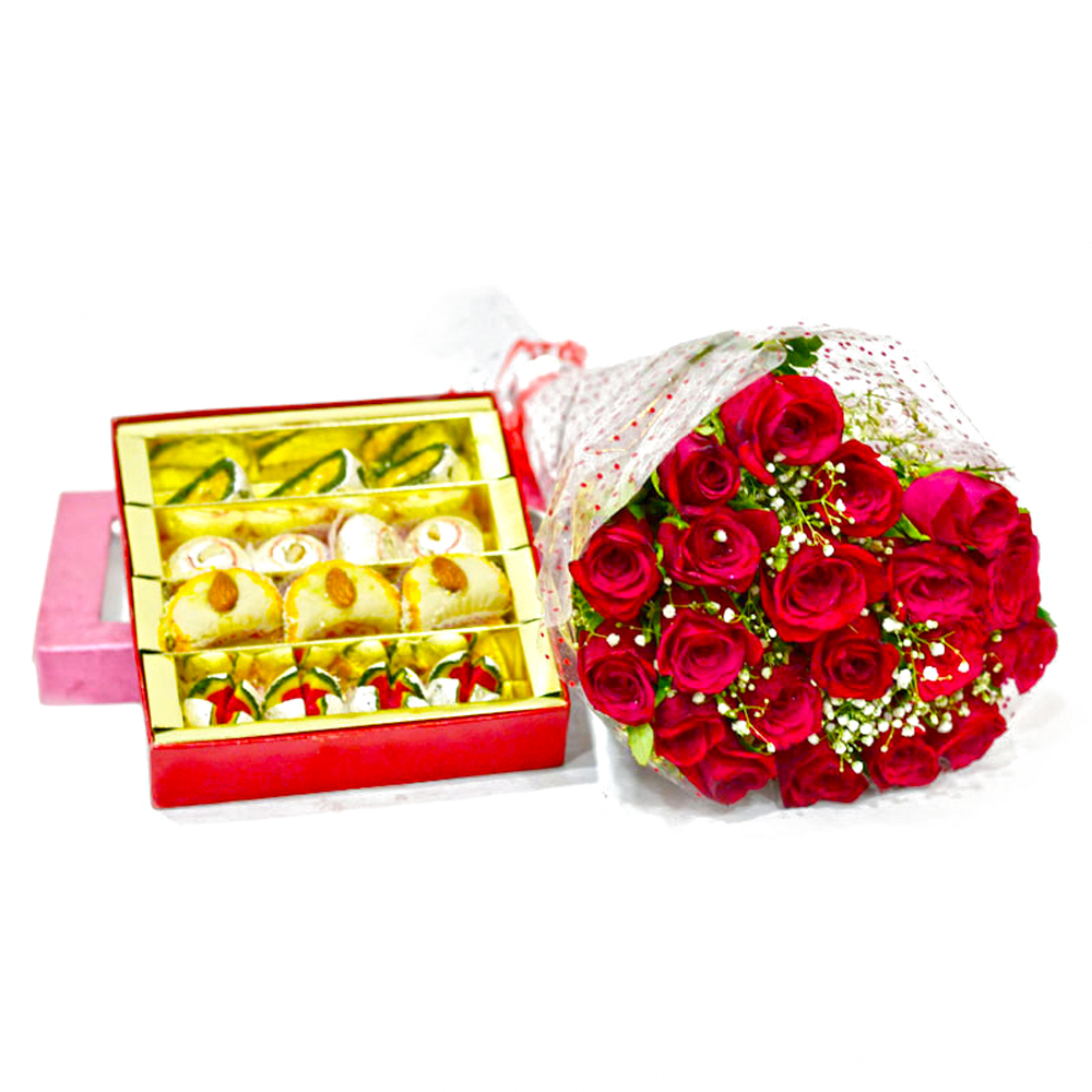 Twenty Red Roses Bouquet with 500 Gms Assorted Sweet Box