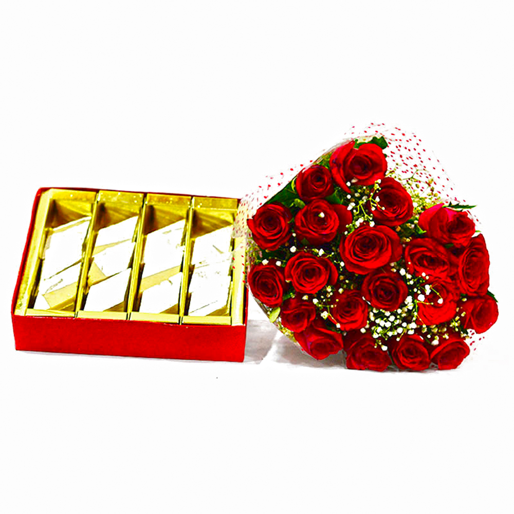 Lovely Bouquet of 20 Red Roses with 1 Kg Kaju Barfi Box