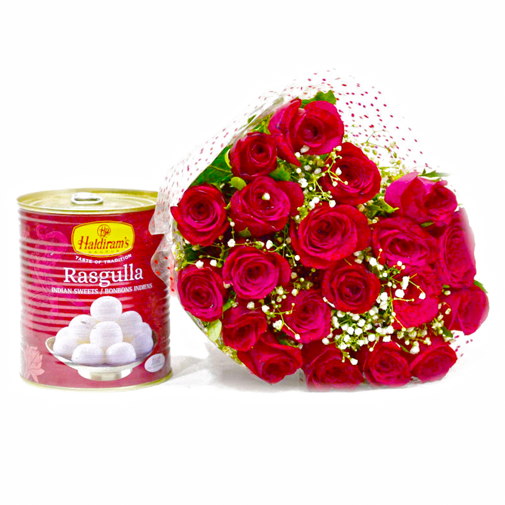 Bouquet of 20 Red Roses with Mouthwatering Rasgullas