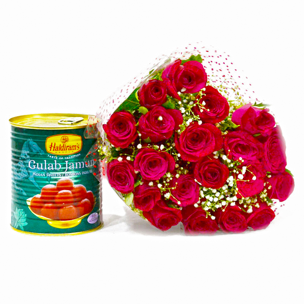 Twenty Romantic Red Roses with Tempting Gulab Jamuns