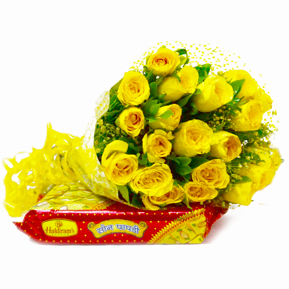 Friendly 20 Yellow Roses Bouquet with Soan Papdi