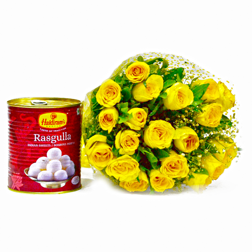 Bouquet of 20 Yellow Roses with Bengali Sweet Rasgullas