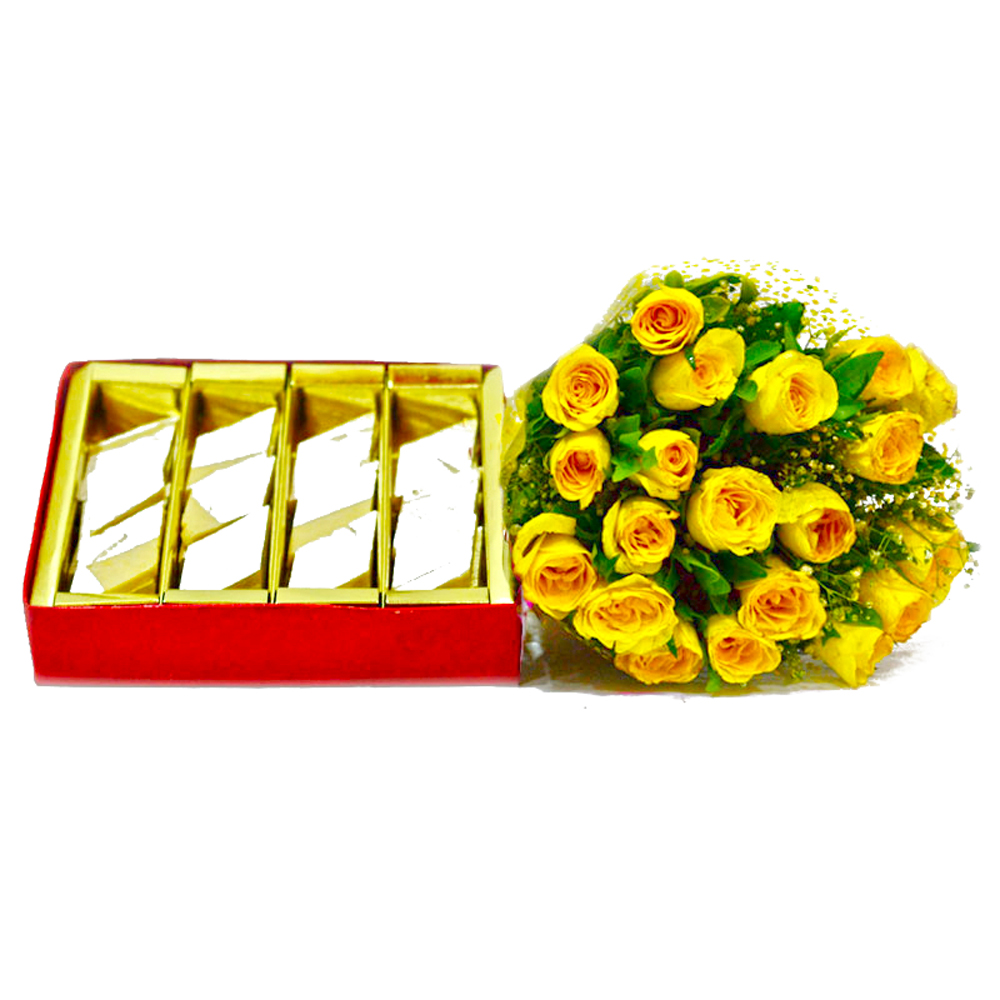 Bunch of Yellow Roses with 500 Gms Kaju Barfi