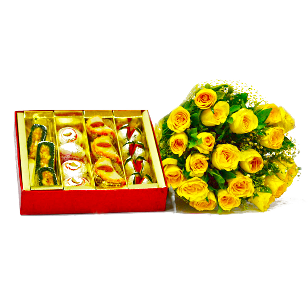 Twenty Yellow Roses with Assorted Indian Mithai