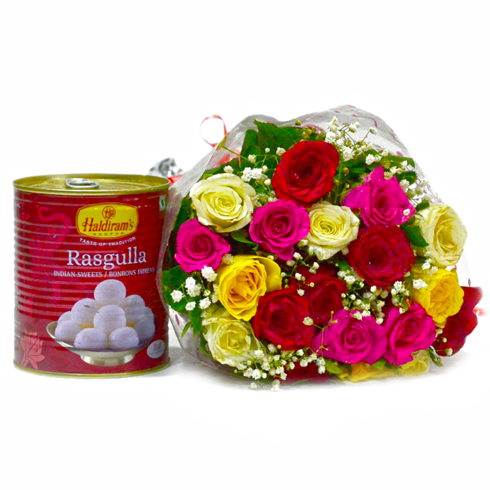 Bouquet of 20 Mix Lovely Roses with Bengali Sweet Rasgullas