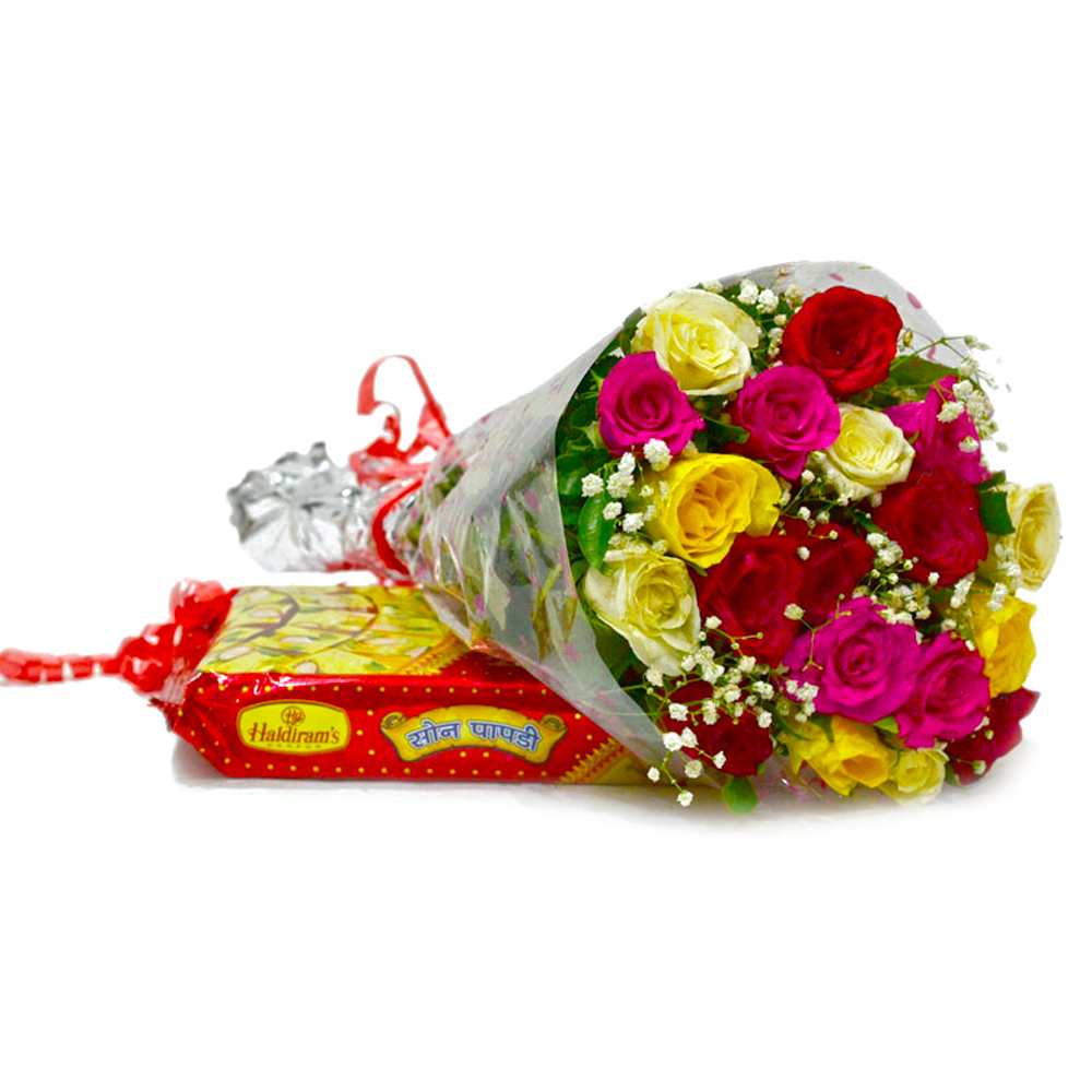 Colorful Bouquet of 20 Roses with Indian Soan Papdi