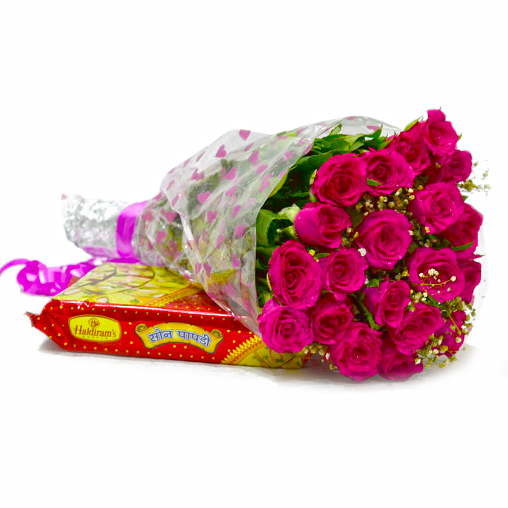 Twenty Pink Roses Bouquet with 500 Gms Soan Papdi