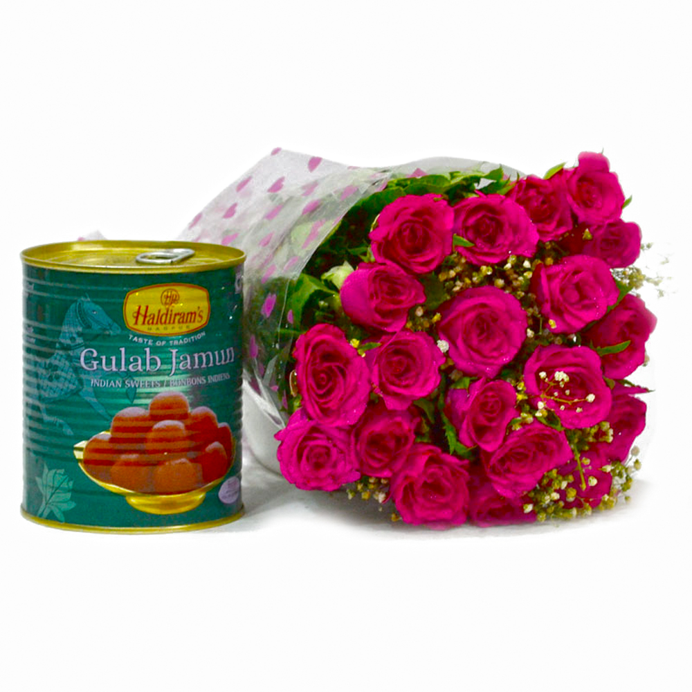Bouquet of 20 Pink Roses with Mouthmelting Gulab Jamuns