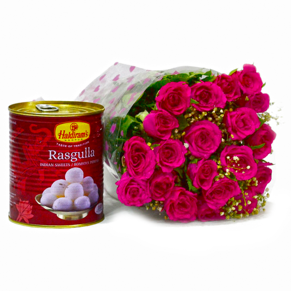 Bouquet of 20 Pink Roses with Tempting Bengali Rasgullas