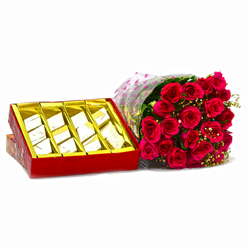 Bouquet of 20 Red Roses with Kaju Barfi Box