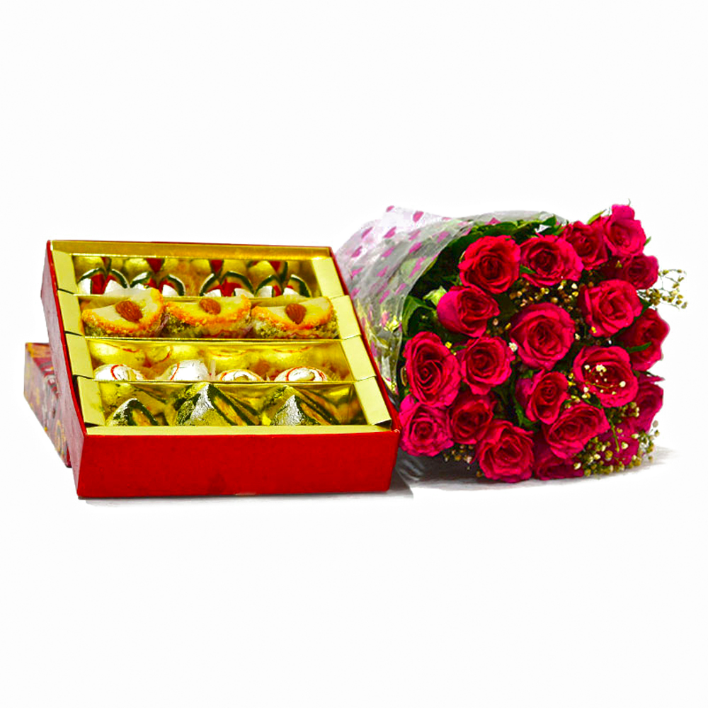 Twenty Romantic Red Roses with Box of 1 Kg Assorted Sweet