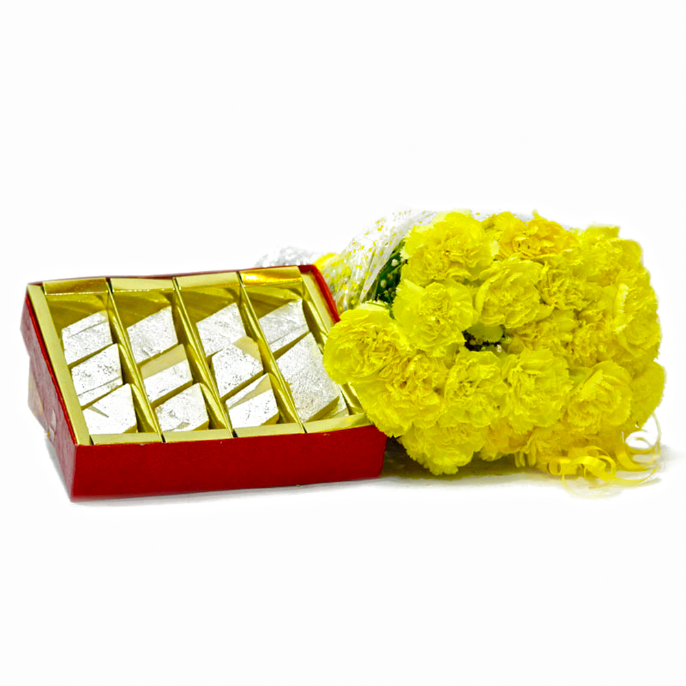 Bouquet of 20 Yellow Carnations with Kaju Barfi