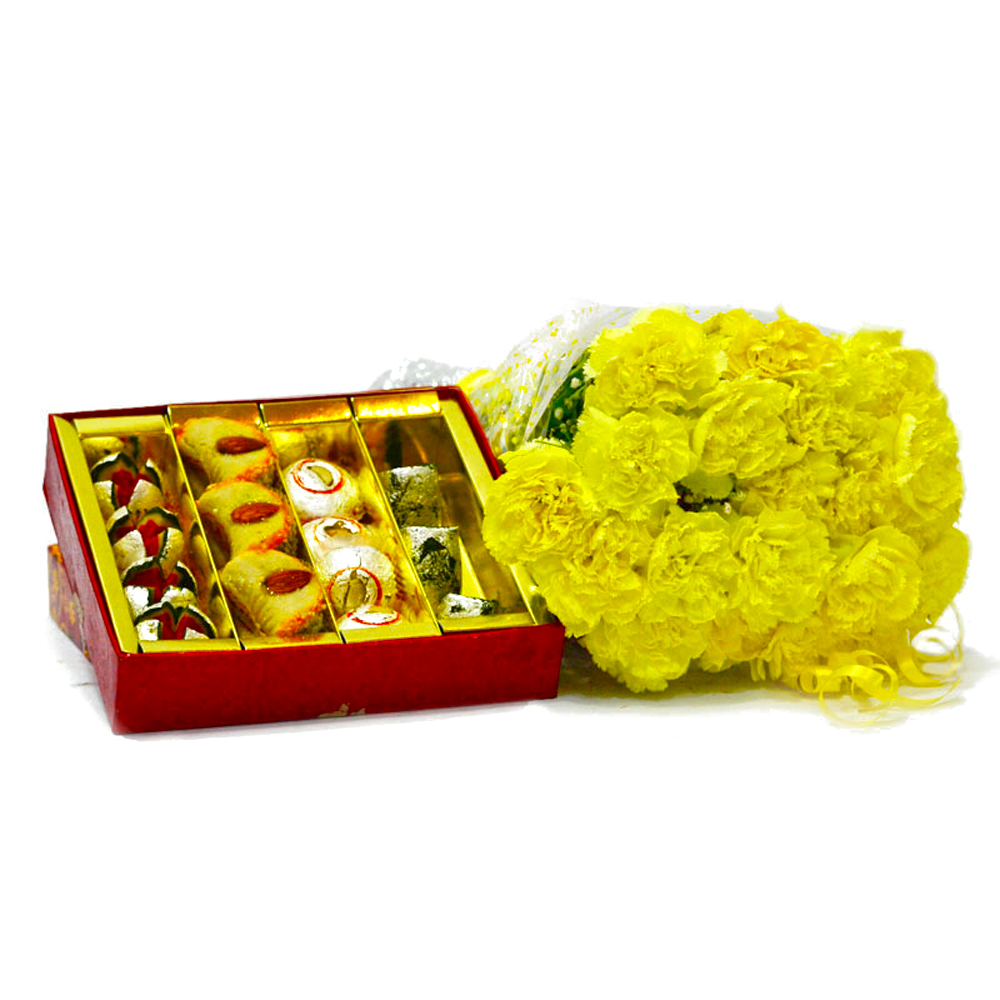 Bouquet of 20 Yellow Carnations with Box of Assorted Indian Sweets