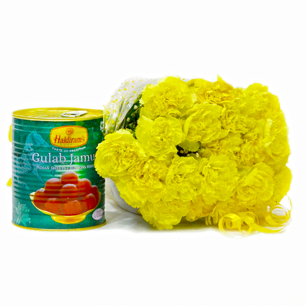 Yellow Carnation Bunch with 1 Kg Gulab Jamuns