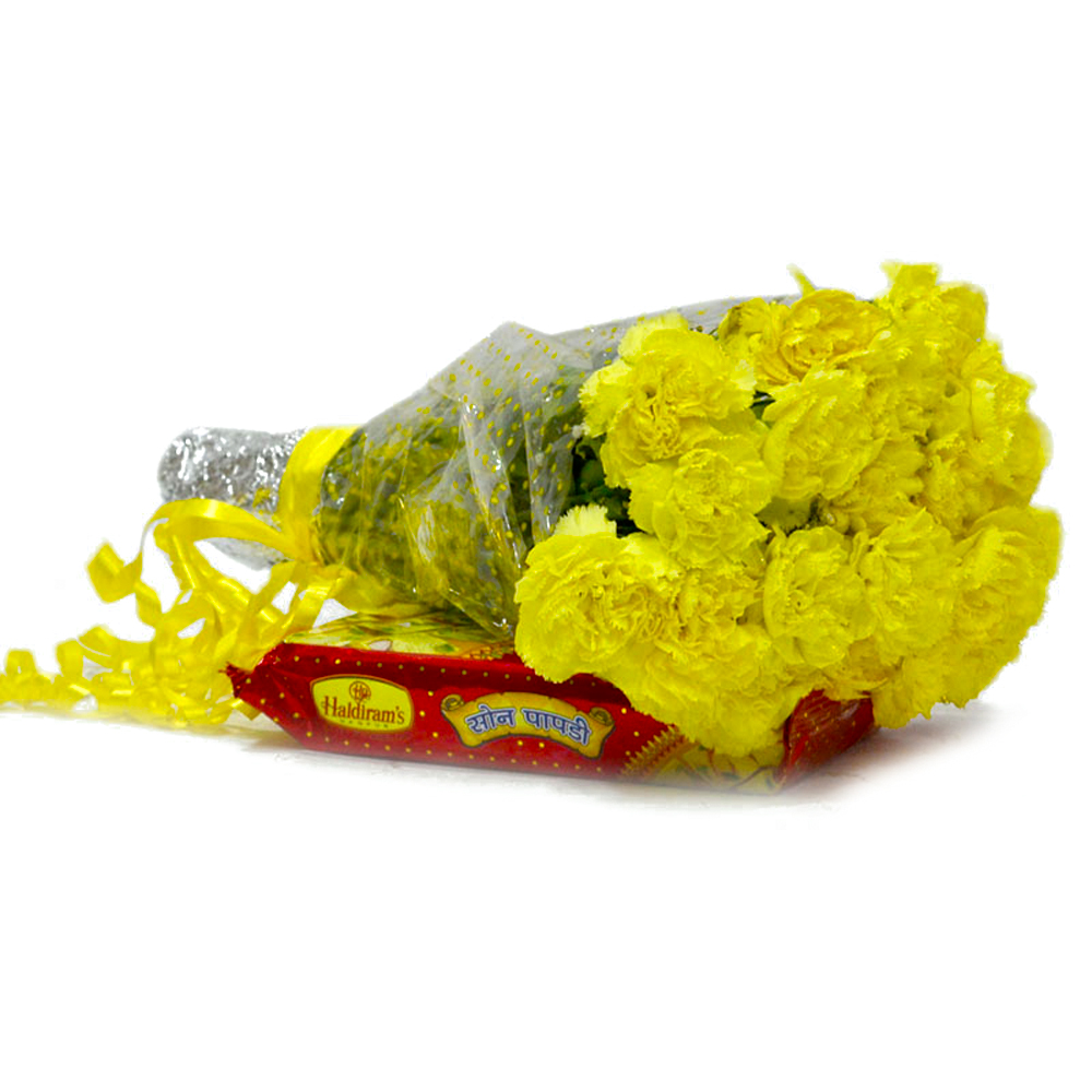 Bouquet of 15 Yellow Carnations with Box of Soan Papdi