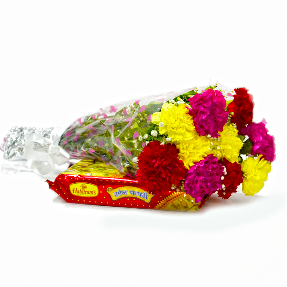 Bouquet of 10 Mix Carnations with Box of Soan Papdi