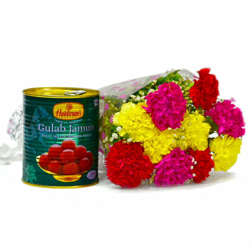Gulab Jamuns wth Bouquet of Ten Mix Carnations