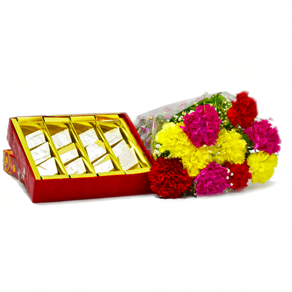 Kaju Barfi with Bouquet of 10 Mix Carnations