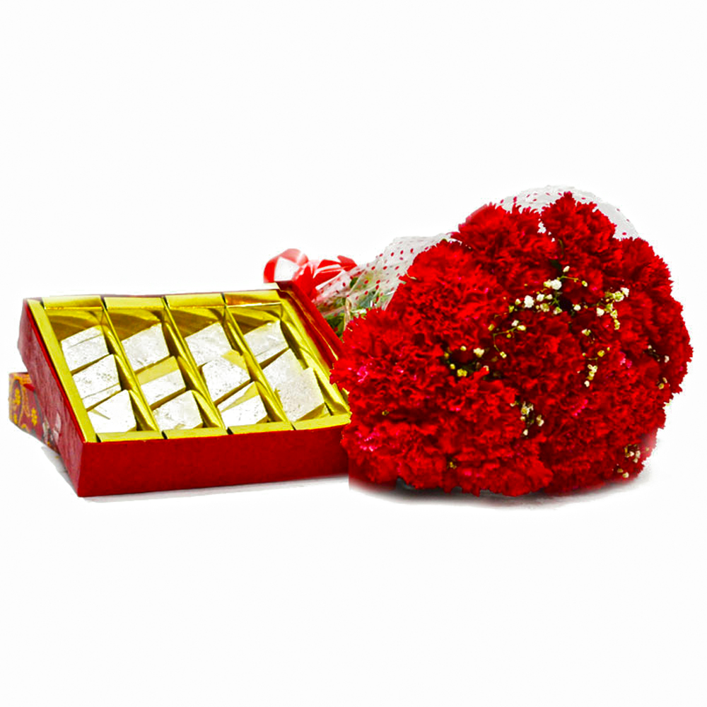 Red Carnations Bunch with Box of Kaju Katli