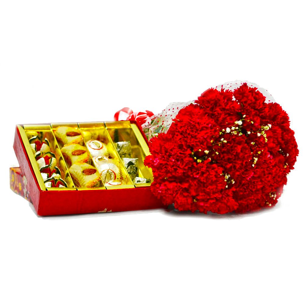 Assorted Indian Sweets with Bouquet of Fifteen Red Carnations