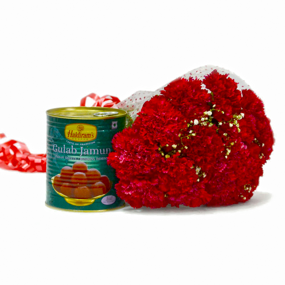 Mouthwatering Gulab Jamun with Love Red Carnations