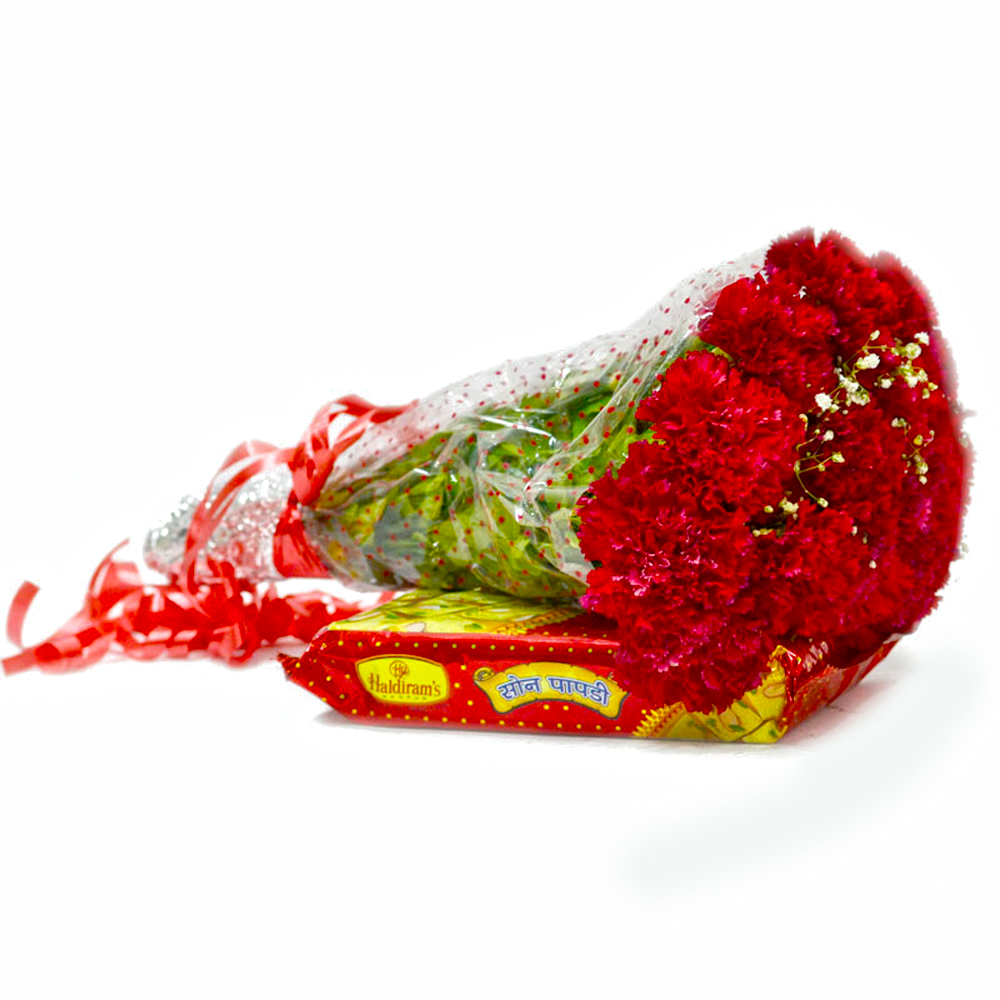 Bouquet of 15 Red Carnations with Box of Soan Papdi