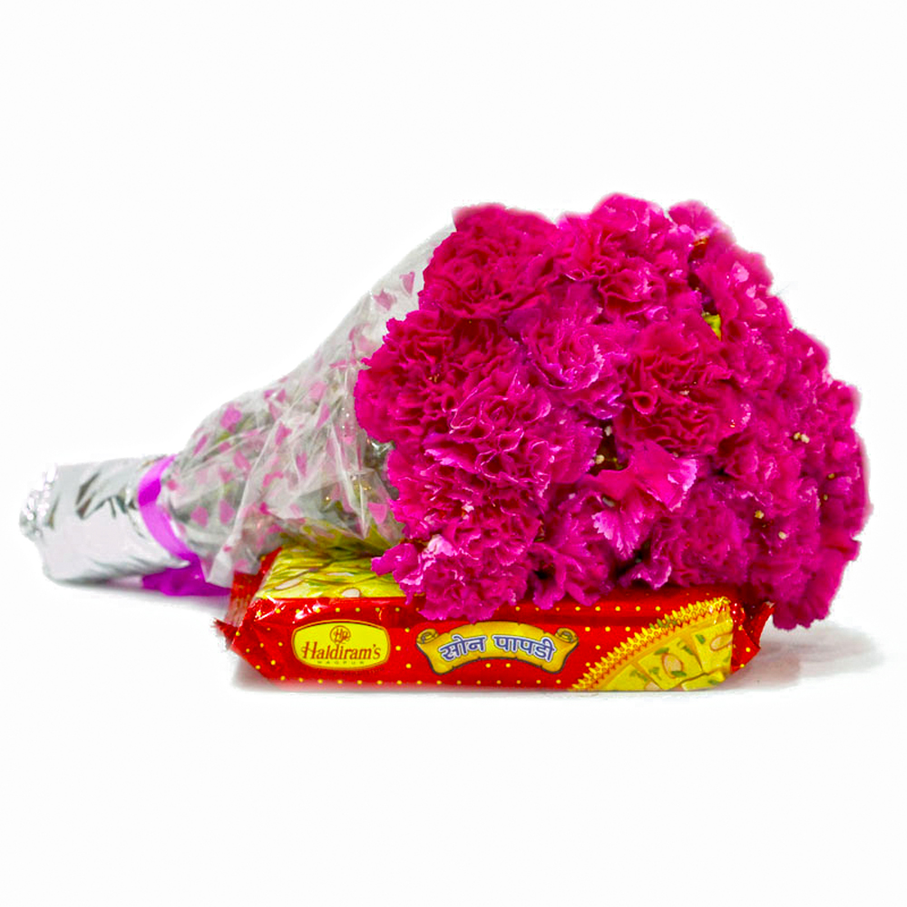 Box of Soan Papdi with 15 Pink Carnations Flowers