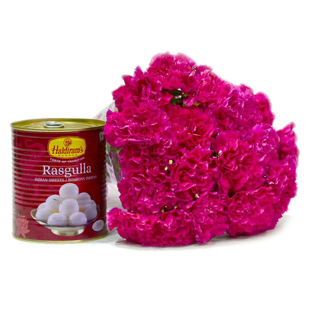 Bengali Rasgullas with Bunch of 15 Pink Carnations