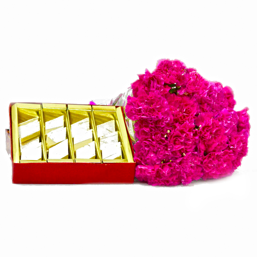 Kaju Barfi with 15 Pink Carnations Bouquet