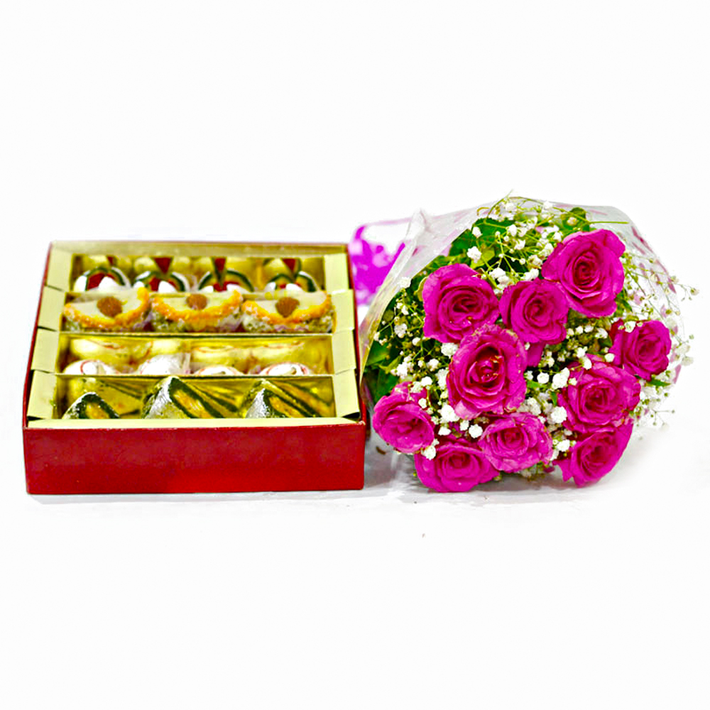 Assorted Indian Sweets with Ten Pink Roses