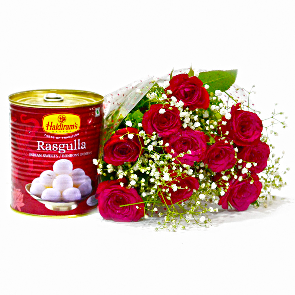 One Kg Rasgullas with Bouquet of 10 Red Roses