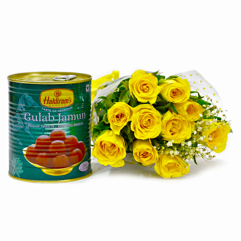 One Kg Gulab Jamuns with Bouquet of Yellow Roses