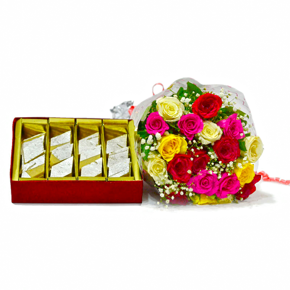 Bouquet of 20 Mix Roses with Box of 500 Gms Kaju Katli