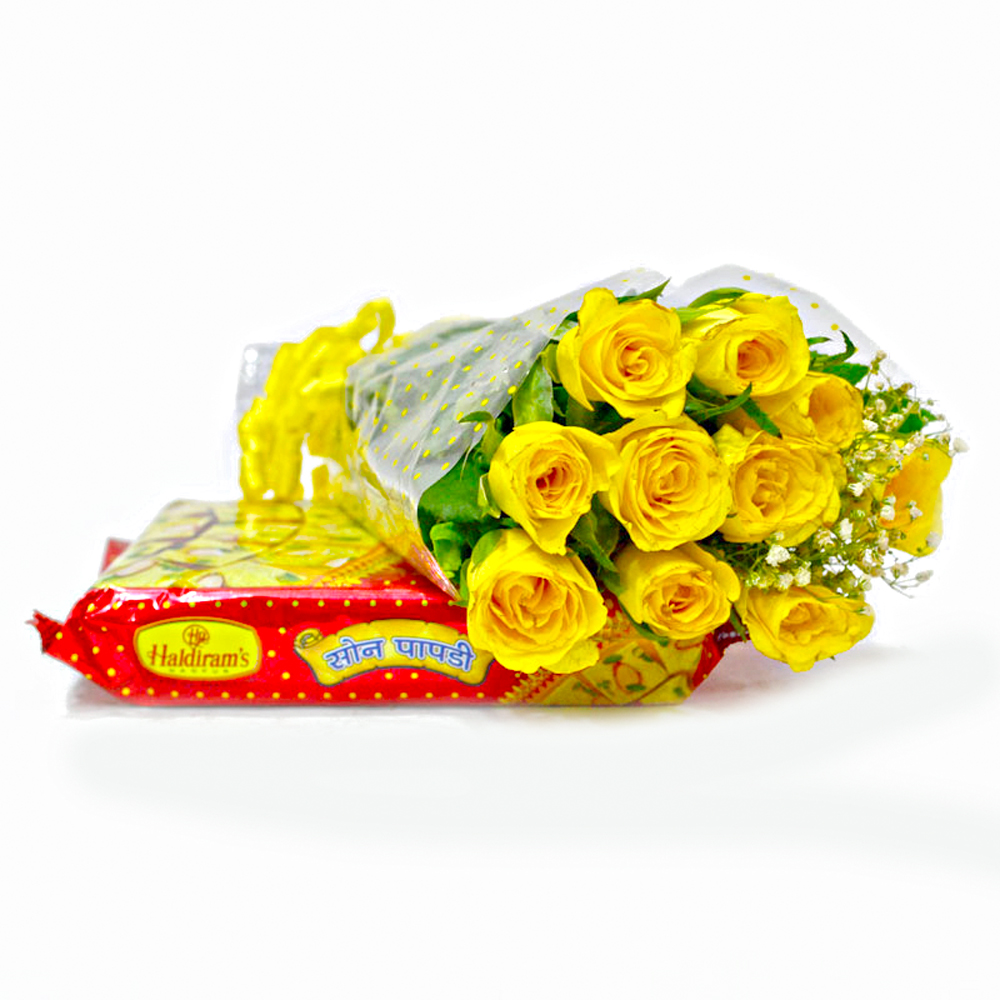 Bouquet of  Ten Yellow Roses with Box of Soan Papdi