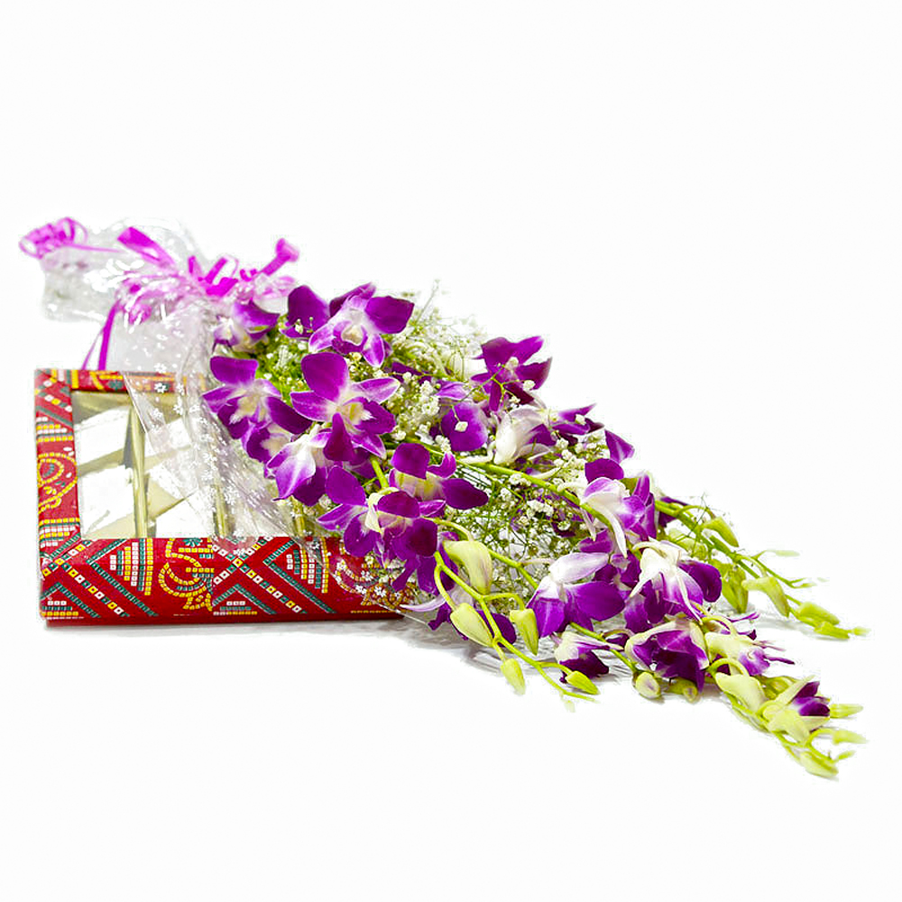 Bouquet of 6 Purple Orchids with Box of 500 Gms Kaju Barfi